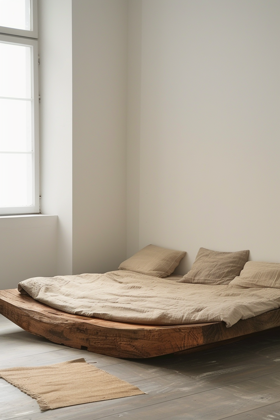 A minimalist bedroom with a low, wooden platform bed, neutral bedding, and a small rug on a wooden floor, beside a white wall with a window.