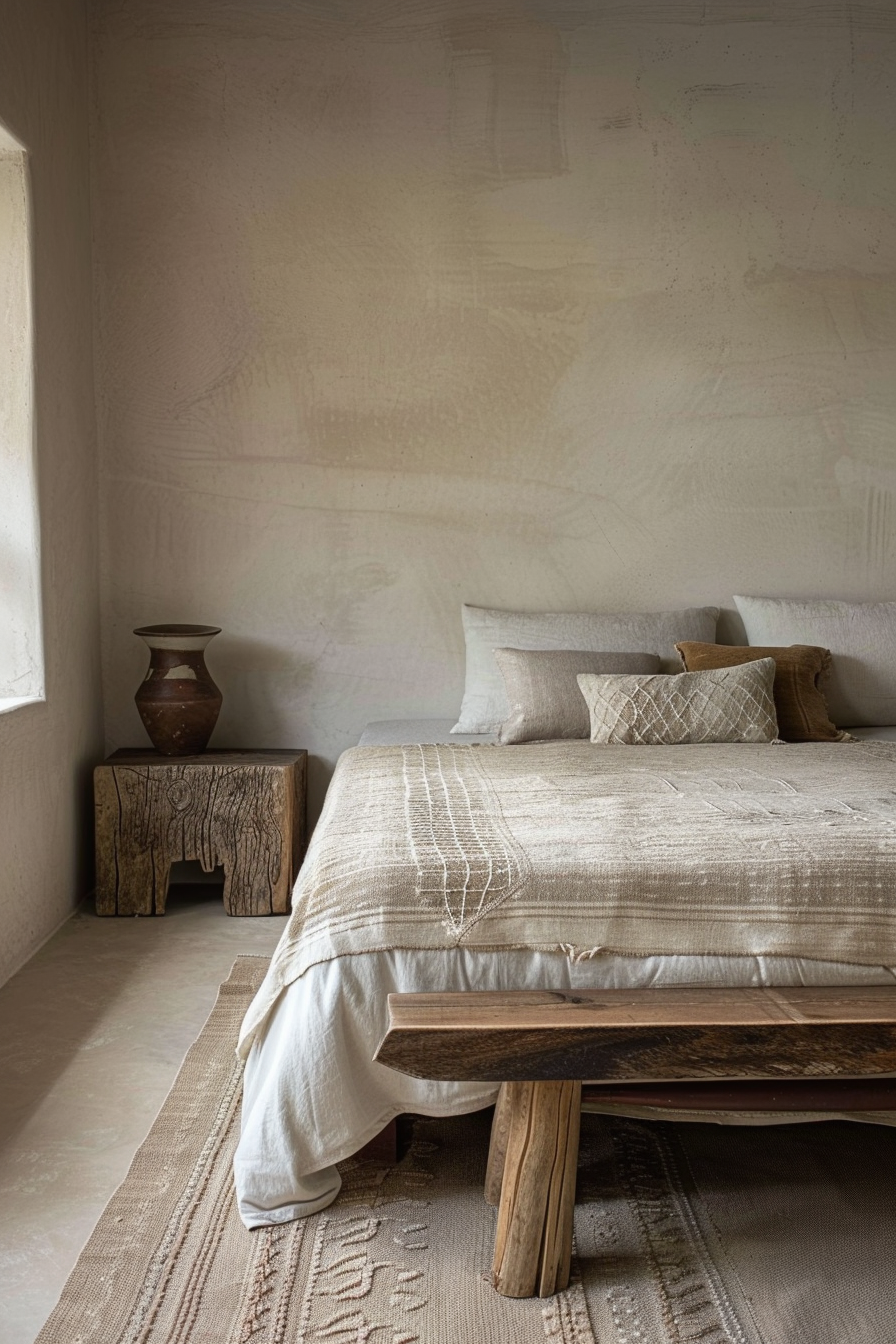A minimalist bedroom with a wooden bed, neutral-toned bedding, rustic stool and jug, textured walls, and a woven rug.