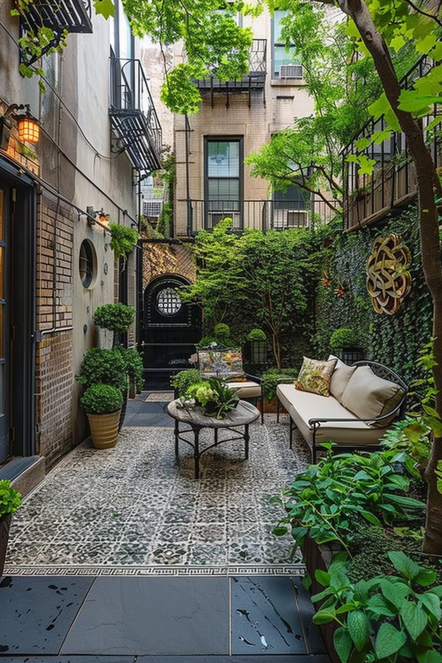 A cozy urban garden patio with wrought iron furniture, potted plants, brick walls, and a pebble mosaic floor.