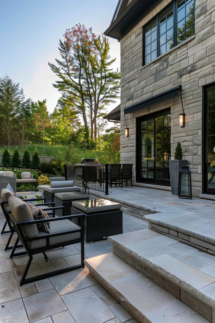 Elegant outdoor patio with modern furniture and a built-in grill, set against a stone house and lush greenery.