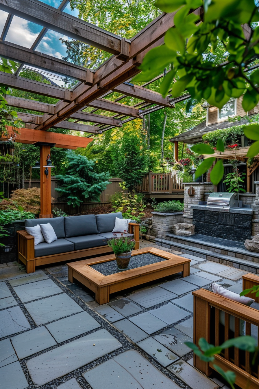 A cozy outdoor patio with wooden furniture, a pergola, and lush greenery under a clear sky.