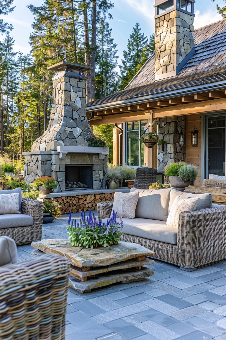 Outdoor patio with wicker furniture, stone fireplace, and greenery, set against a home with forest backdrop.