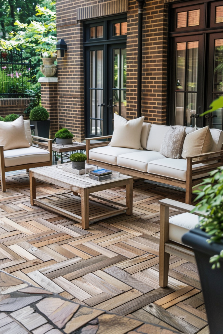 Elegant outdoor patio furniture with cushions on a decorative wooden floor, adjacent to the brick facade of a house.