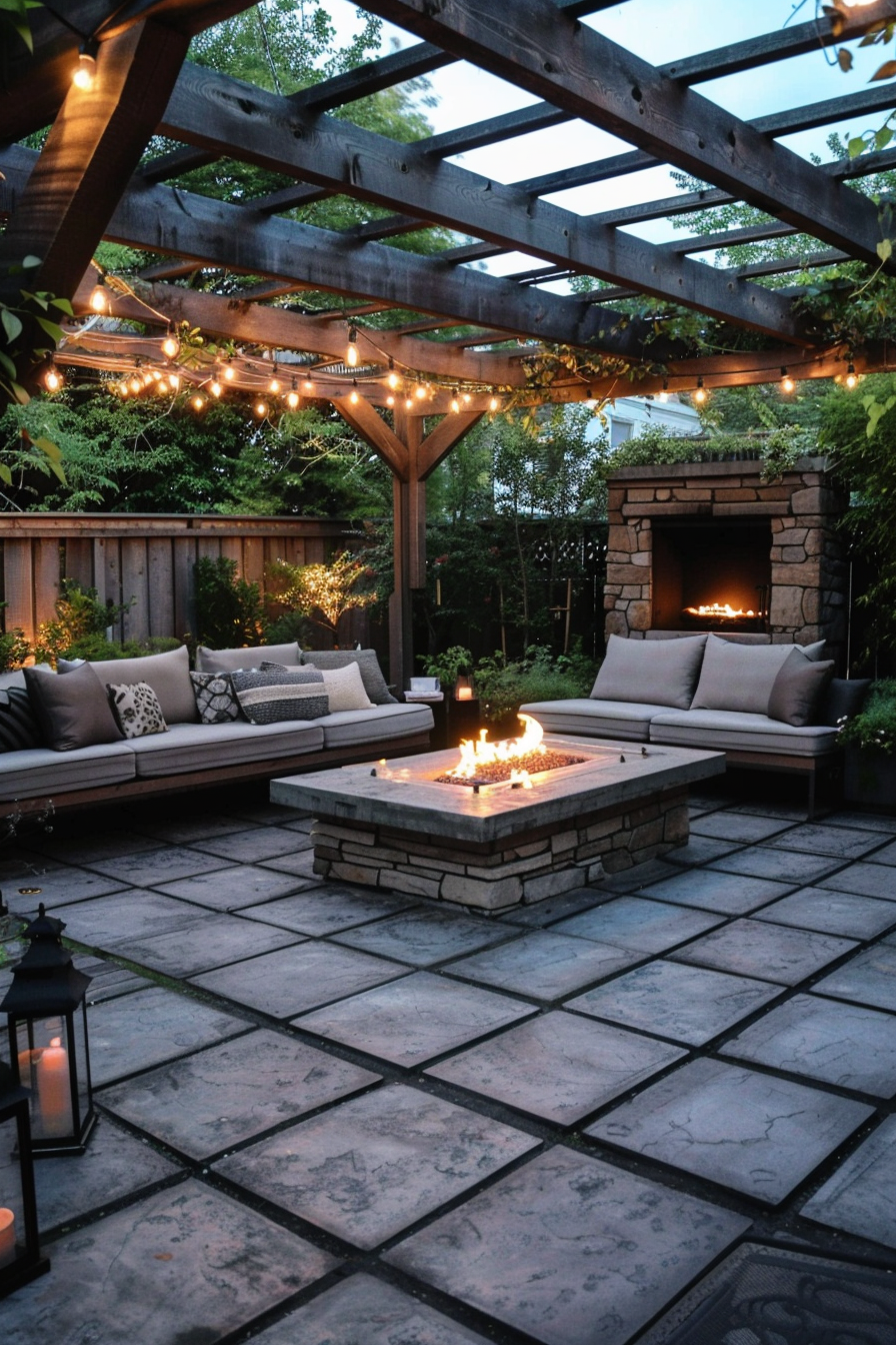Cozy outdoor patio with a fire pit, string lights, and comfortable seating under a pergola at dusk.