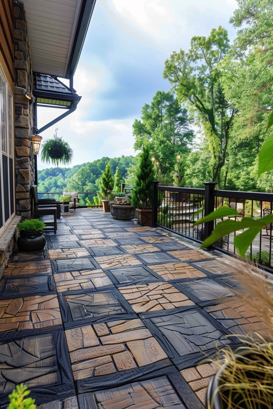A picturesque view from a stone-tiled porch with plants overlooking a lush green forest under a cloudy sky.