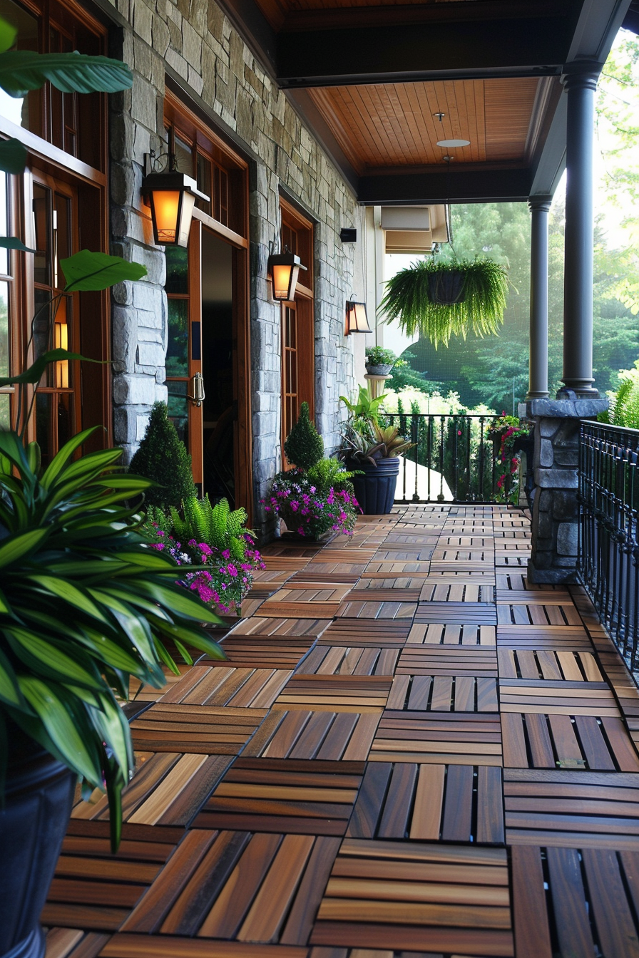 A well-appointed porch with herringbone tile flooring, stone walls, lanterns, potted plants, and a hanging fern.