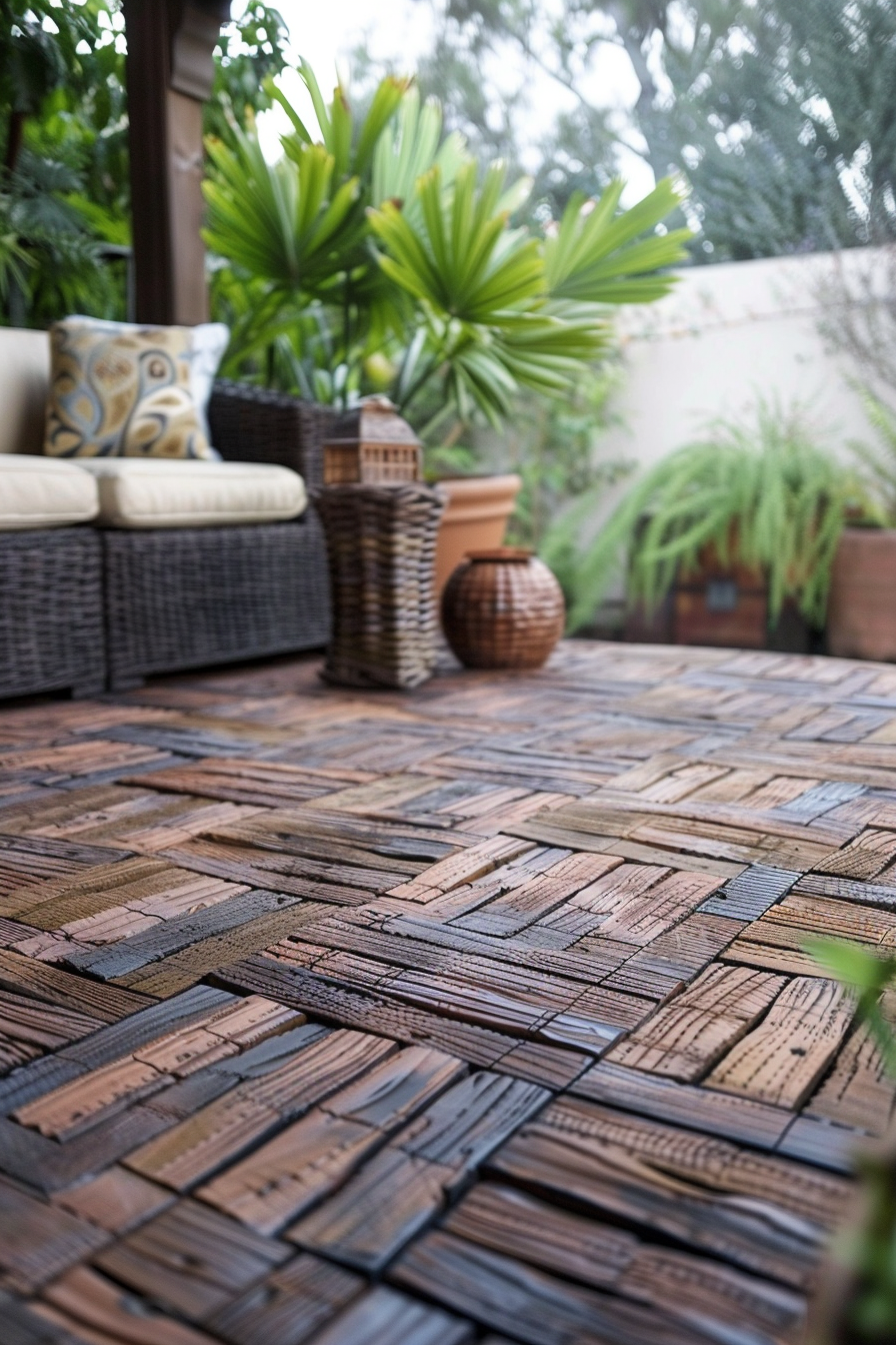 Cozy outdoor patio with wicker furniture and patterned tile flooring, surrounded by lush green plants.