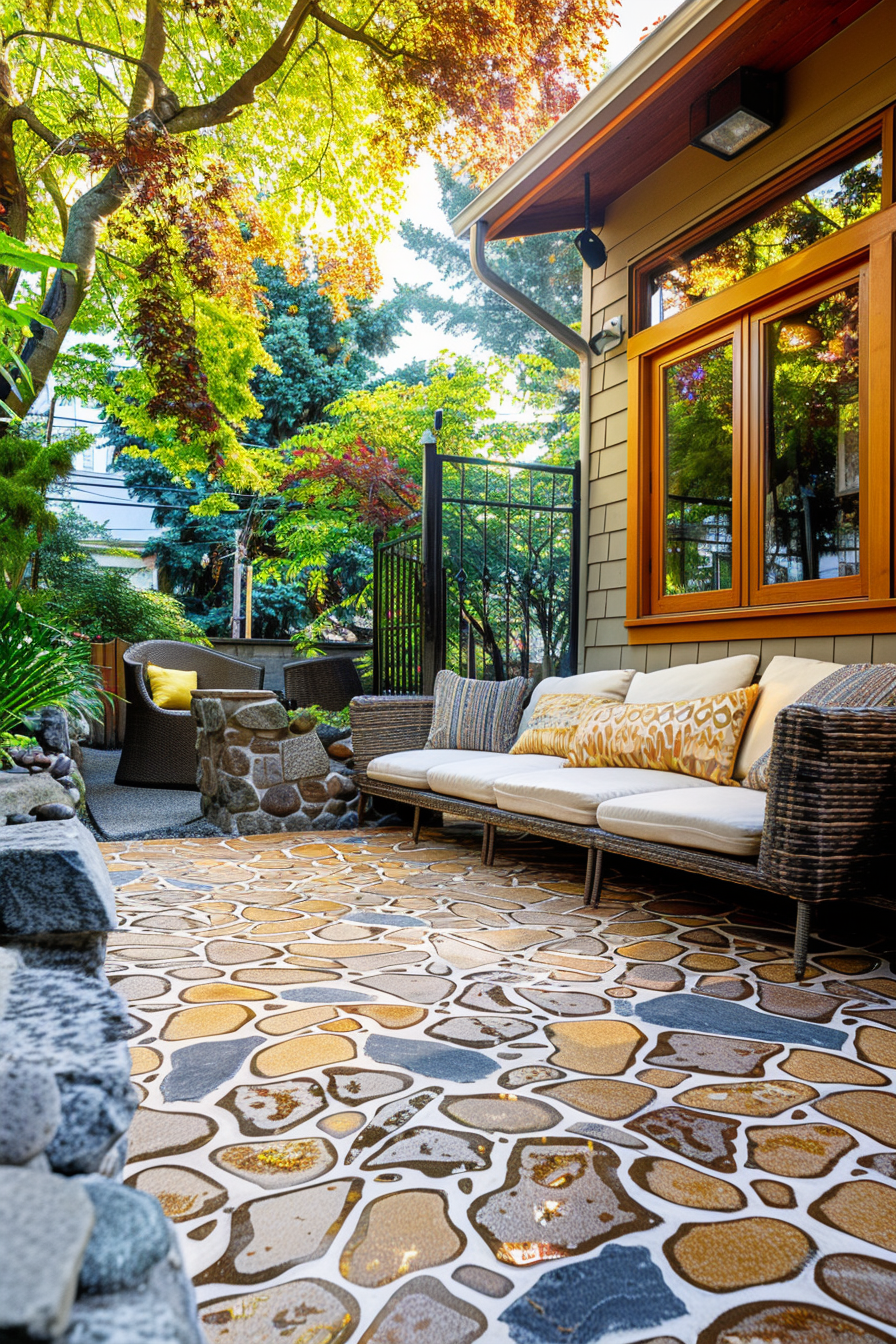 Cozy patio area with patterned flooring, comfortable sofa and chairs surrounded by lush greenery and trees.
