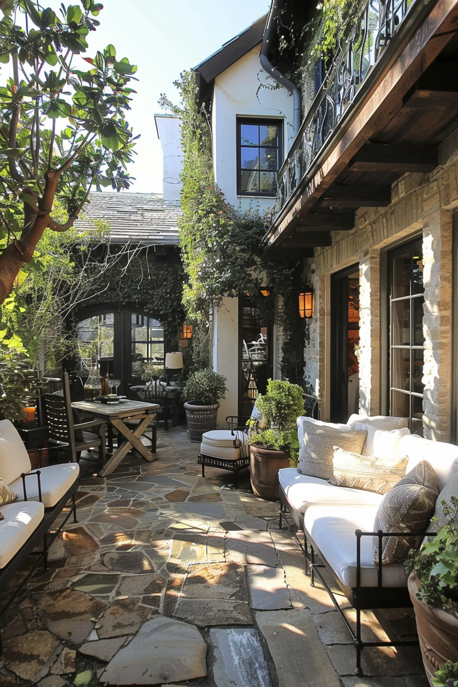 Cozy outdoor patio with furniture, stone flooring, and greenery on a sunny day.