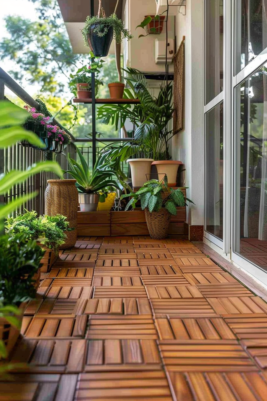 Cozy balcony with wooden floor tiles and a variety of potted plants creating a peaceful green space.