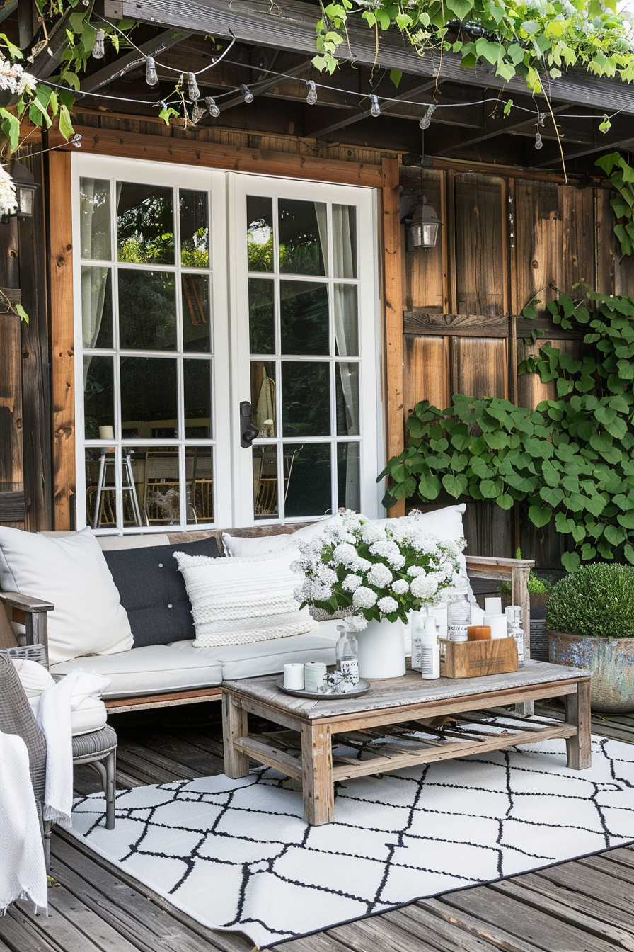 Cozy outdoor patio setup with cushioned seating, white flowers on a wooden table, patterned rug, and string lights above.