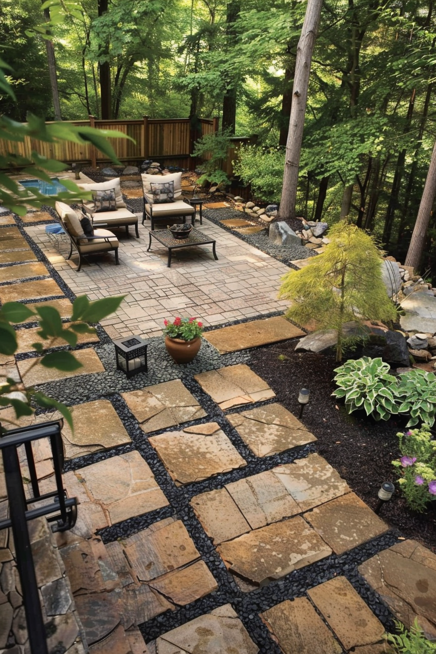 A serene backyard patio with stone pavers, outdoor furniture, surrounded by lush greenery and a small rock garden.