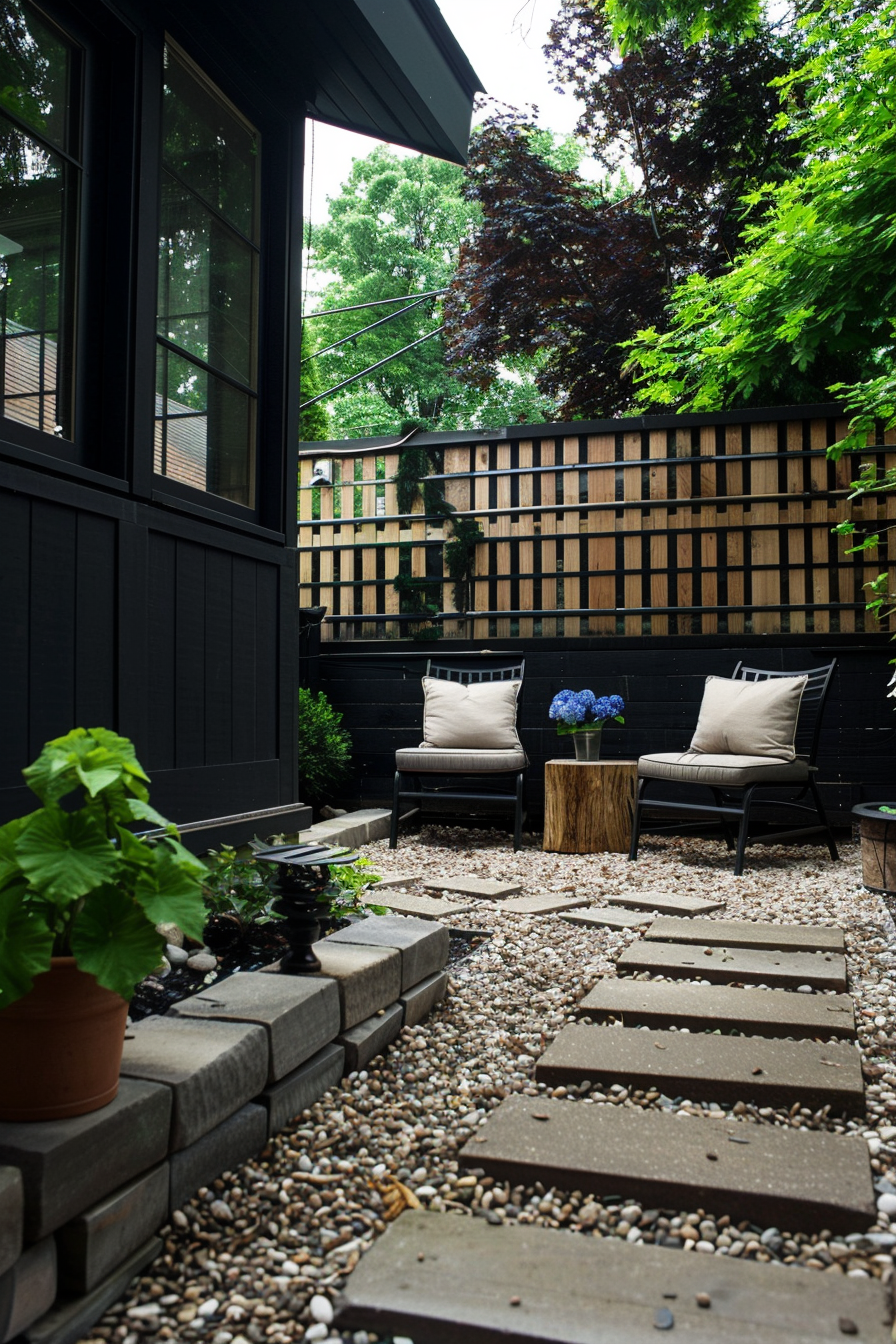 Cozy backyard patio with stepping stones, comfortable chairs with cushions, surrounded by lush greenery and a wooden fence.