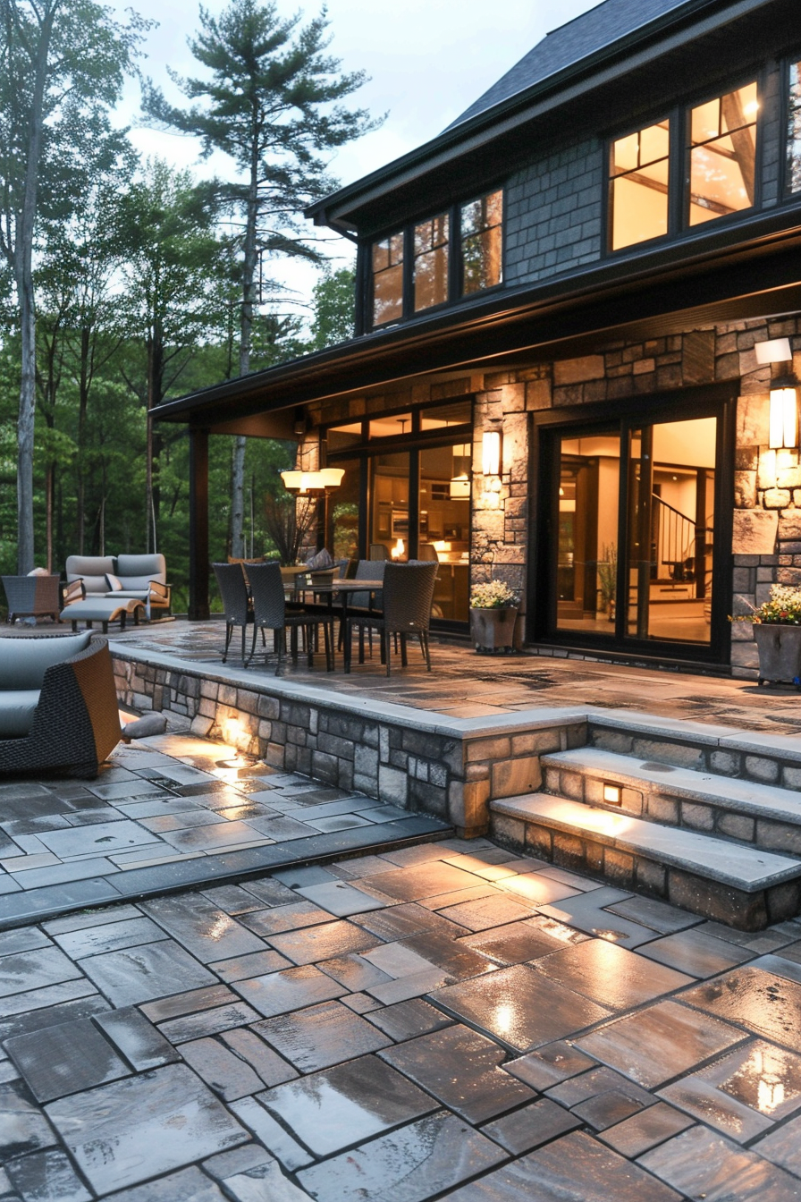 Elegant patio area with lit stone steps, wet from rain, leading to a modern house with warm interior lighting at dusk.