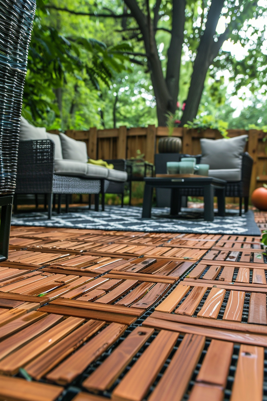 ALT: Close-up of interlocking wooden deck tiles on a patio with stylish outdoor furniture in the blurred background amidst greenery.