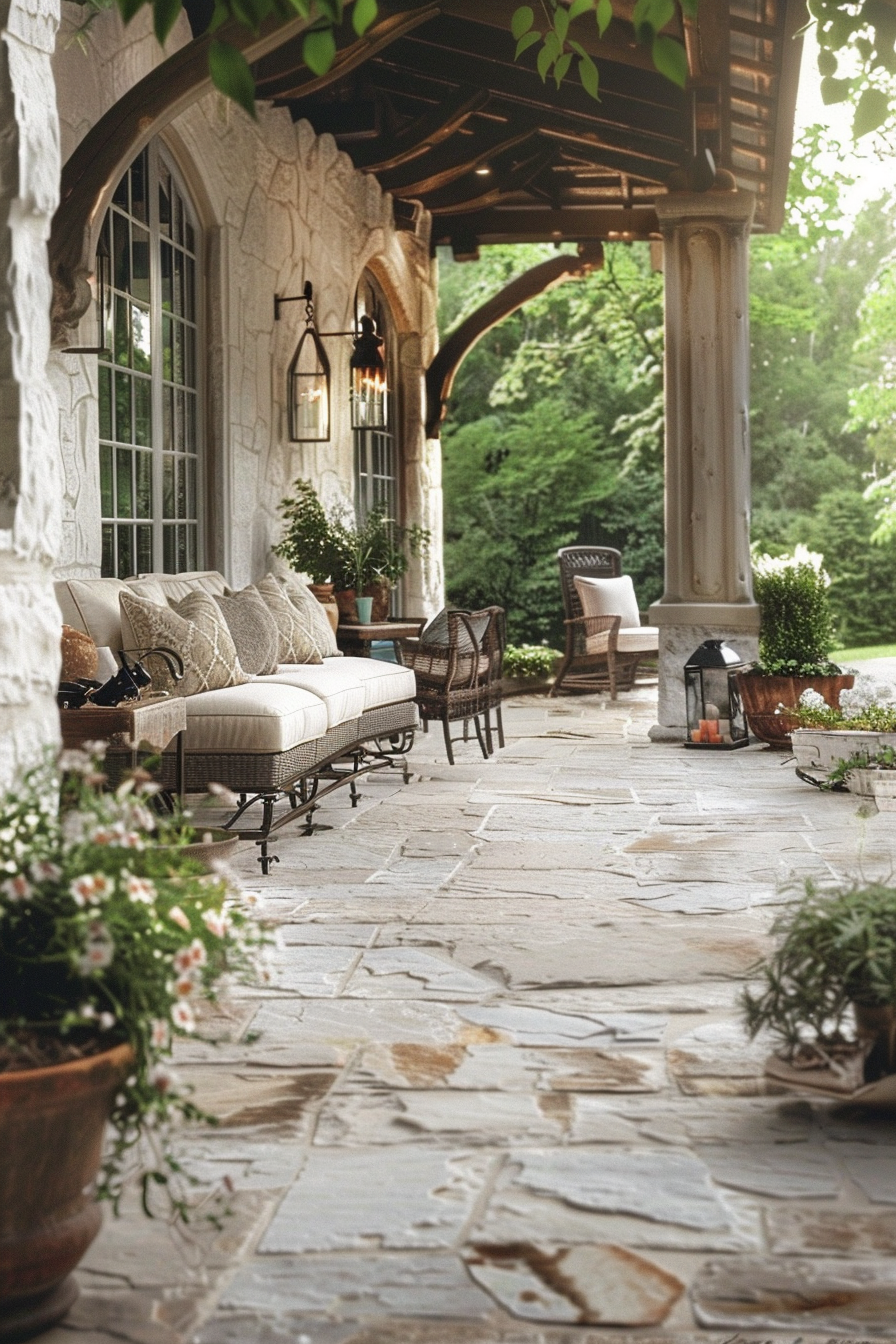 Alt text: Cozy patio area with a plush sofa, wicker chairs, and stone flooring, under a wooden pergola adjacent to a stone house exterior.
