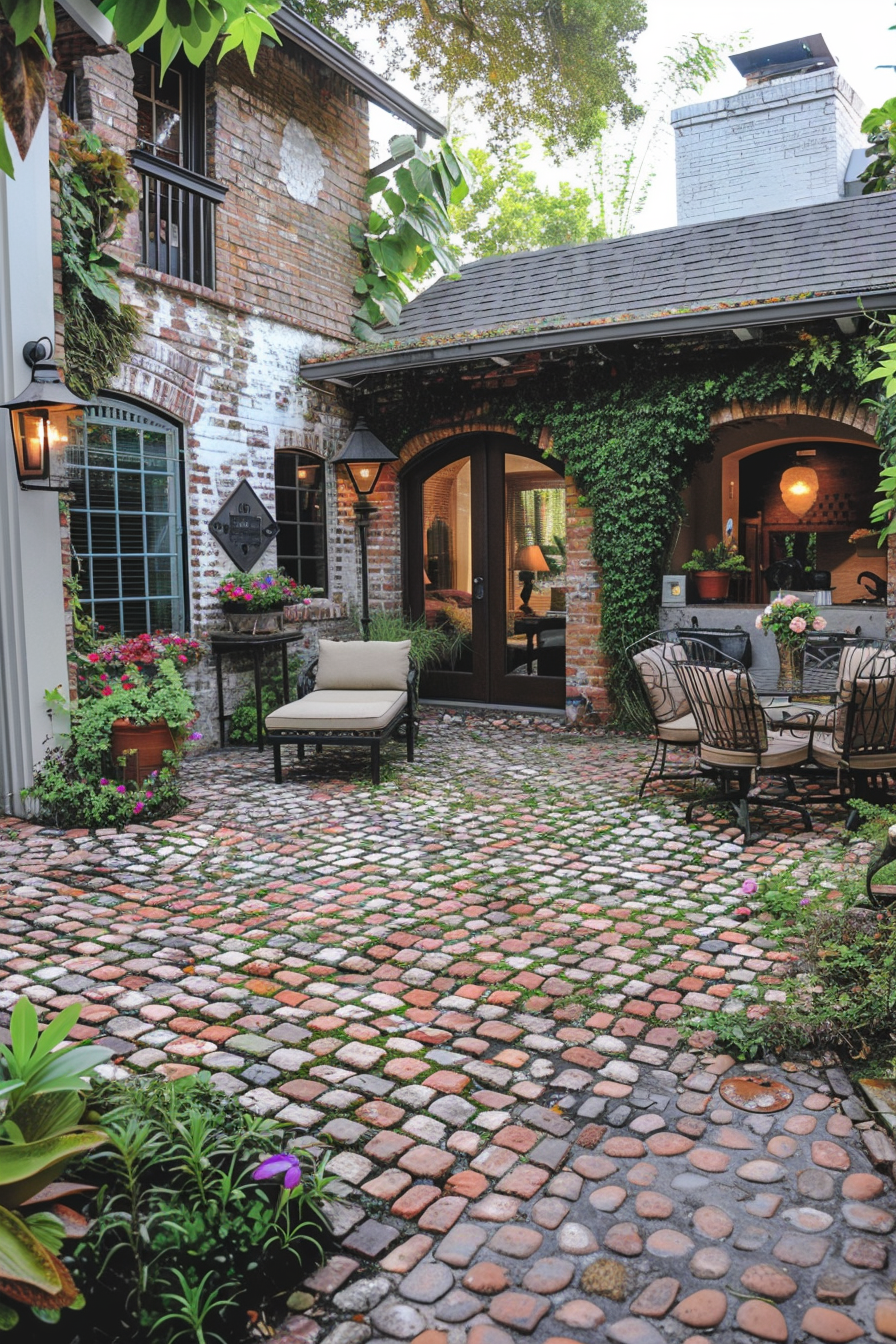 Cozy brick courtyard with wrought-iron chairs, lush plants, and a quaint atmosphere, inviting relaxation outdoors.