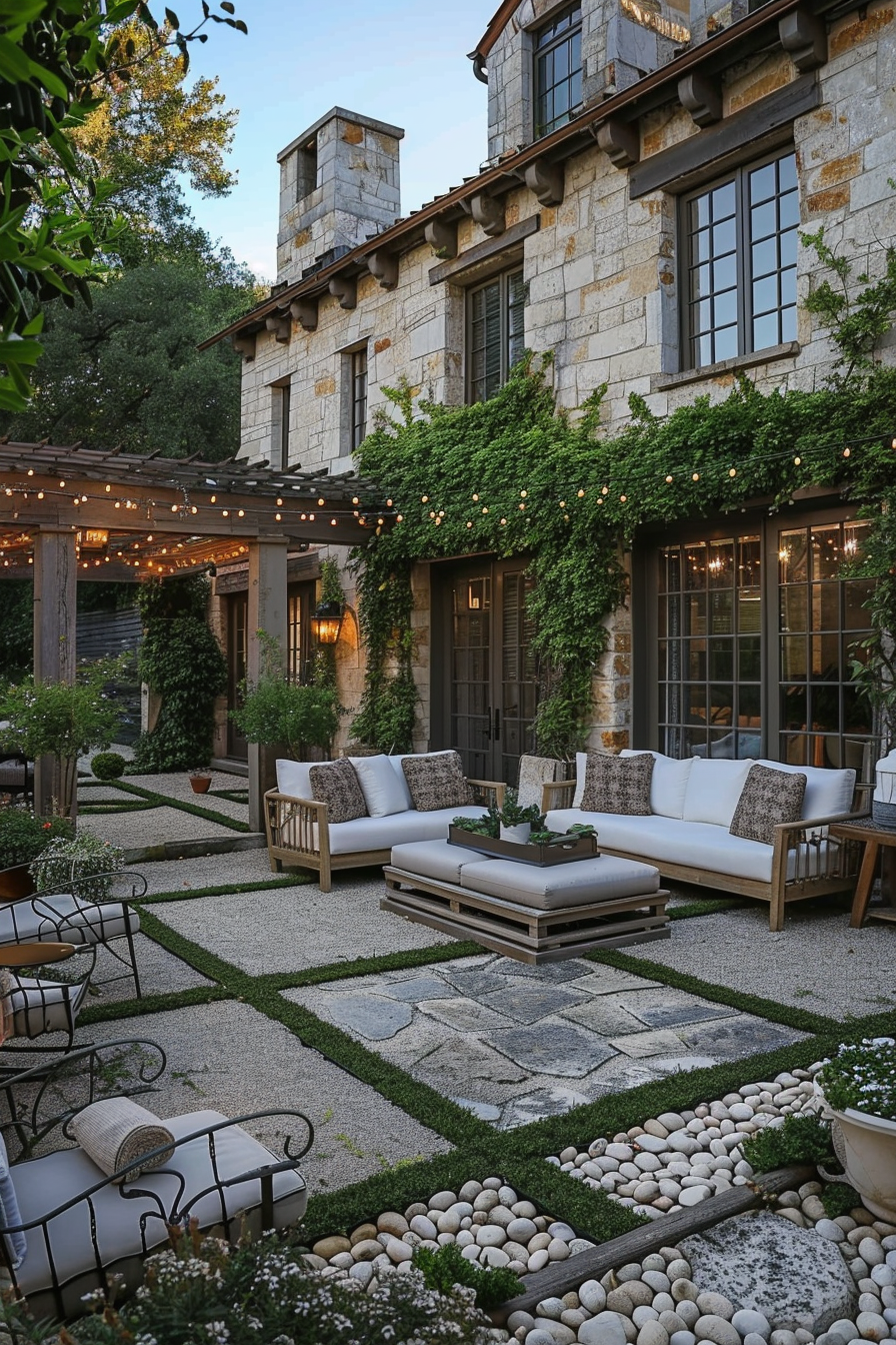 Elegant outdoor living space with cozy seating, string lights, lush greenery against a stone house facade, and patterned garden pathways.