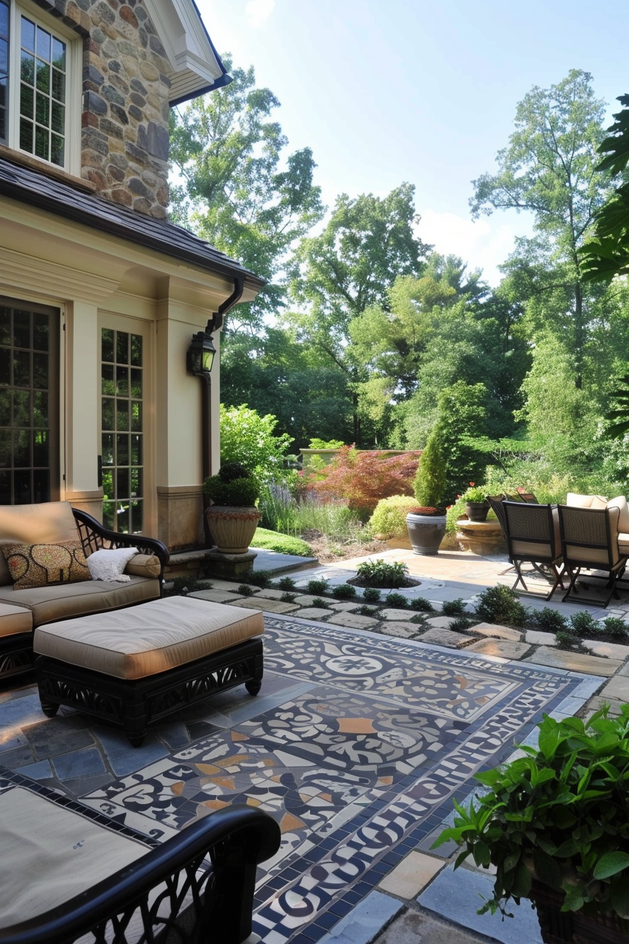 Elegant outdoor patio with patterned floor tiles, comfortable furniture, potted plants, and a view of lush greenery.