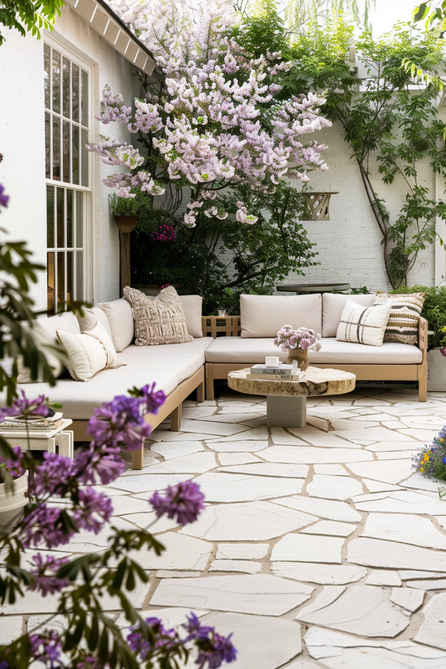 Cozy patio area with plush sofas, patterned cushions, and a central table, surrounded by blooming lilacs and greenery against a white brick wall.