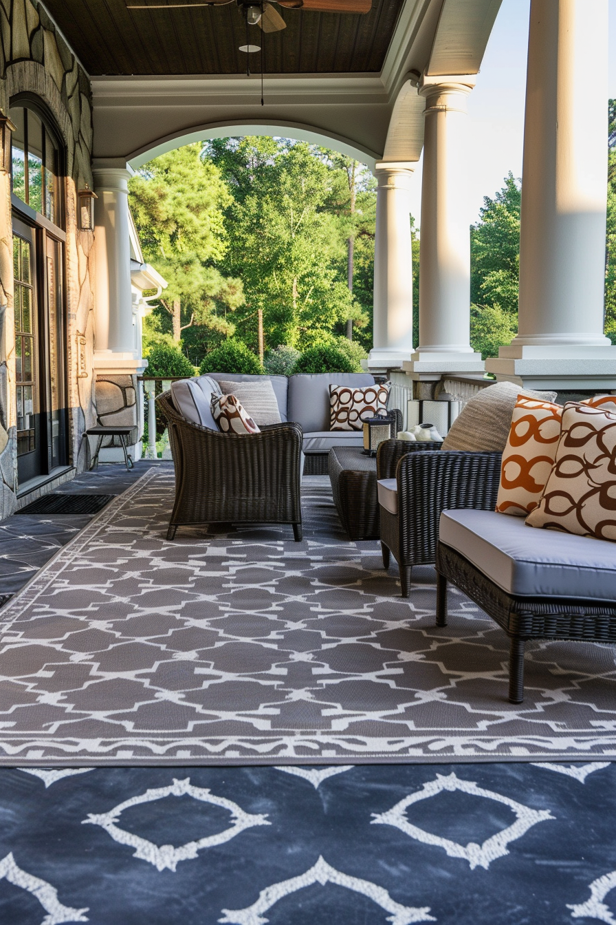 Elegant outdoor patio with wicker furniture, decorative cushions, a patterned rug, and classical columns overlooking lush trees.
