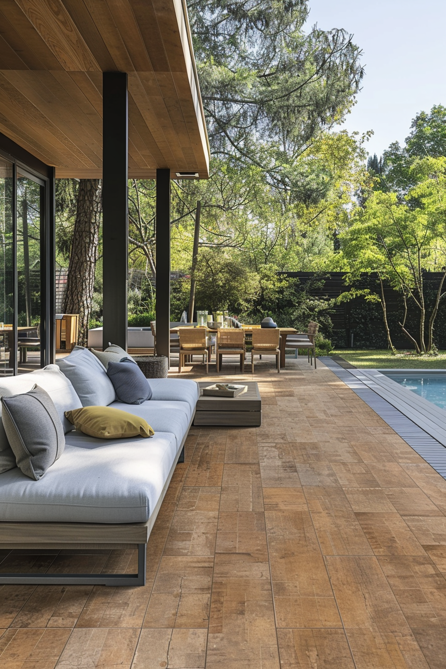 Modern patio with plush seating, wooden decking, and poolside dining area overlooks a verdant garden.