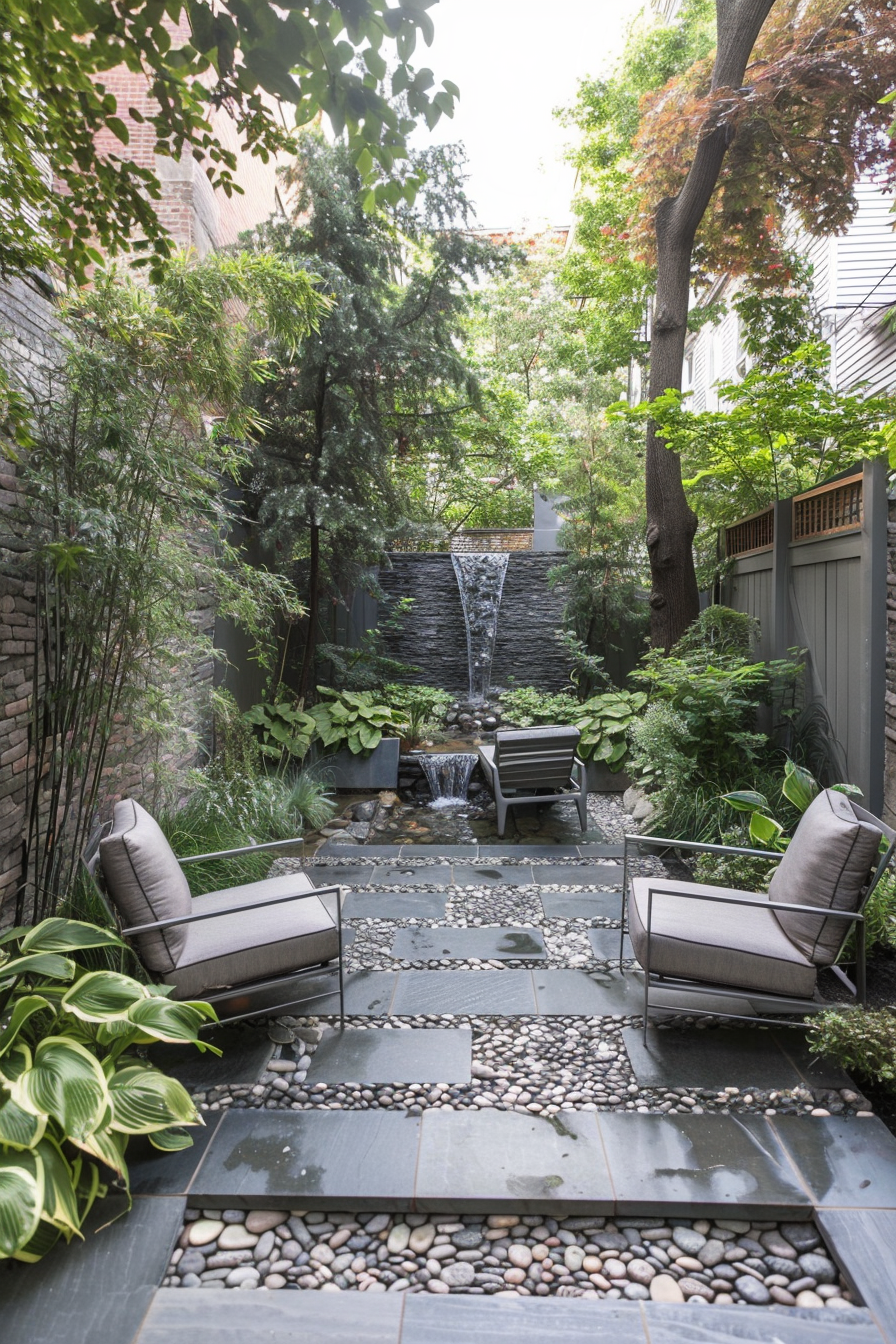 A serene urban garden with two chairs, stepping stones, lush greenery, and a cascading water feature against a black backdrop.