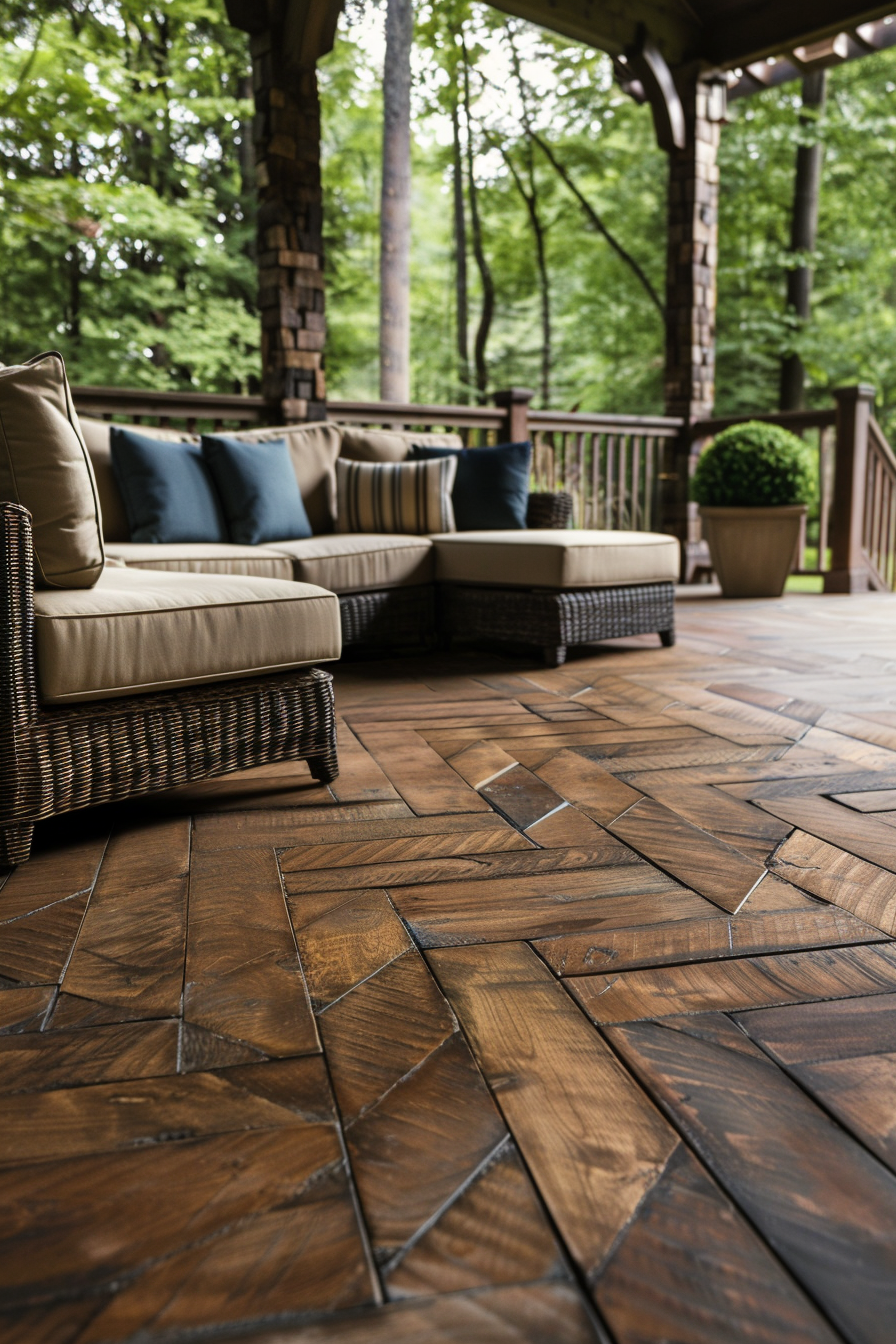 ALT: Wooden patio flooring with intricate design leading to an outdoor seating area with plush sofas and cushions, surrounded by trees.