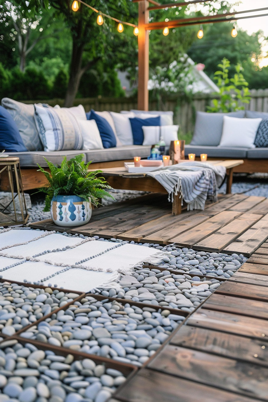 Cozy outdoor patio setting with a cushioned sofa, wooden table, candles, and hanging lights at dusk.