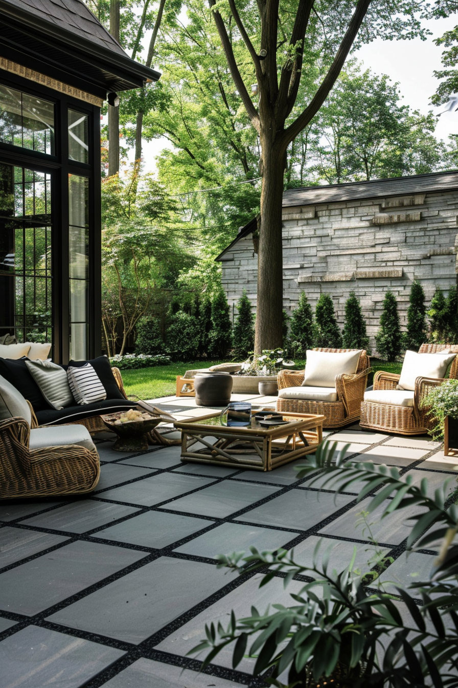 Outdoor patio area with wicker furniture, patterned tile floor, surrounded by greenery and trees.