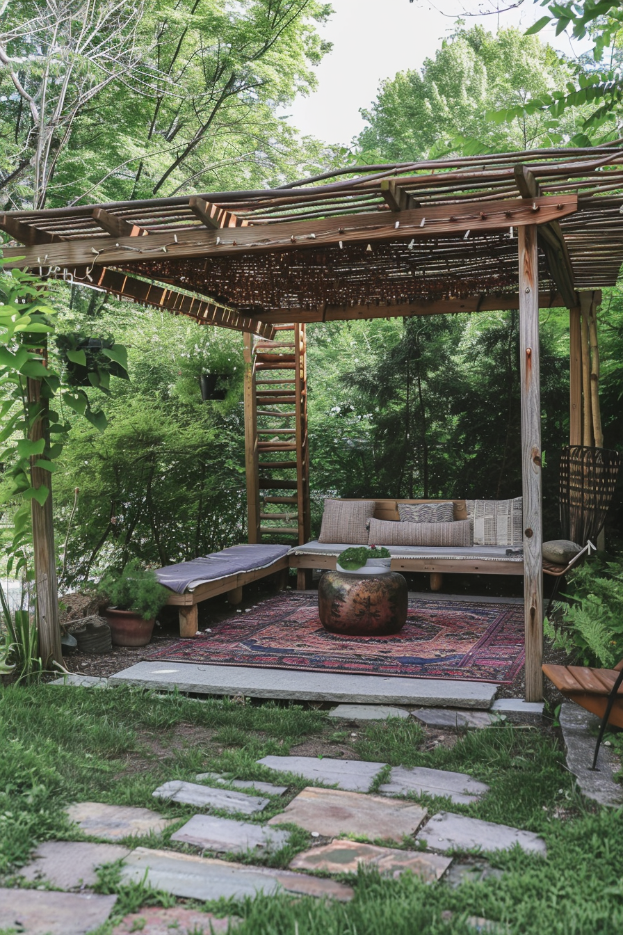 A cozy outdoor seating area with a wooden pergola, surrounded by greenery, featuring a couch, cushions, and an Oriental rug.