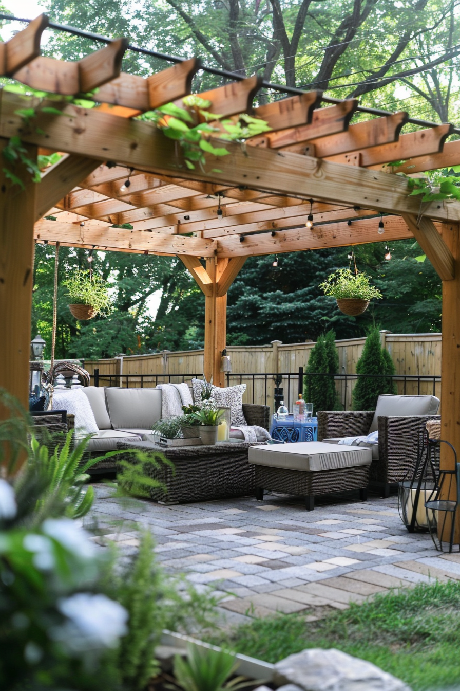 A cozy backyard patio with wicker furniture under a wooden pergola, surrounded by greenery and hanging plants.