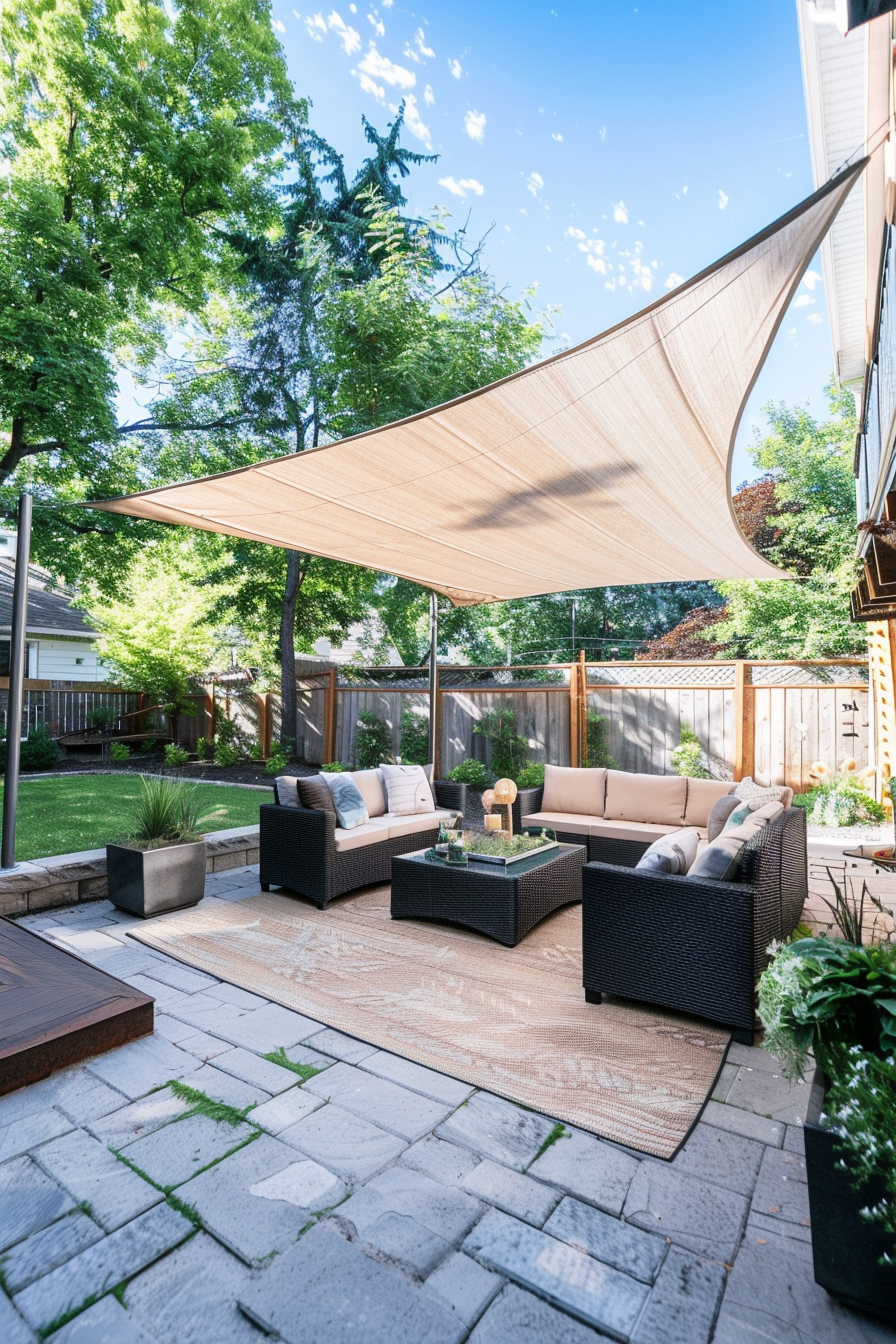 ALT: A cozy outdoor patio with wicker furniture under a large triangular sun shade, surrounded by green trees and a grass lawn.