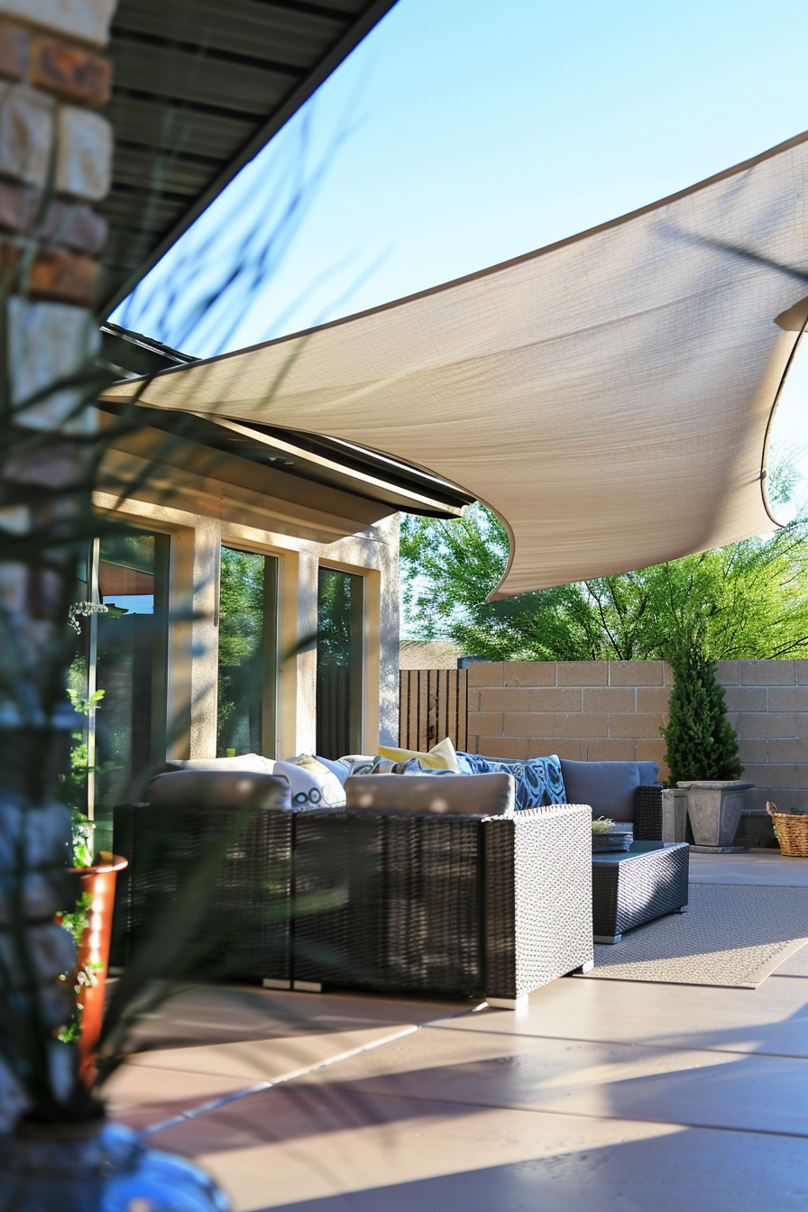 Outdoor patio with modern wicker furniture under a cream shade sail on a sunny day.