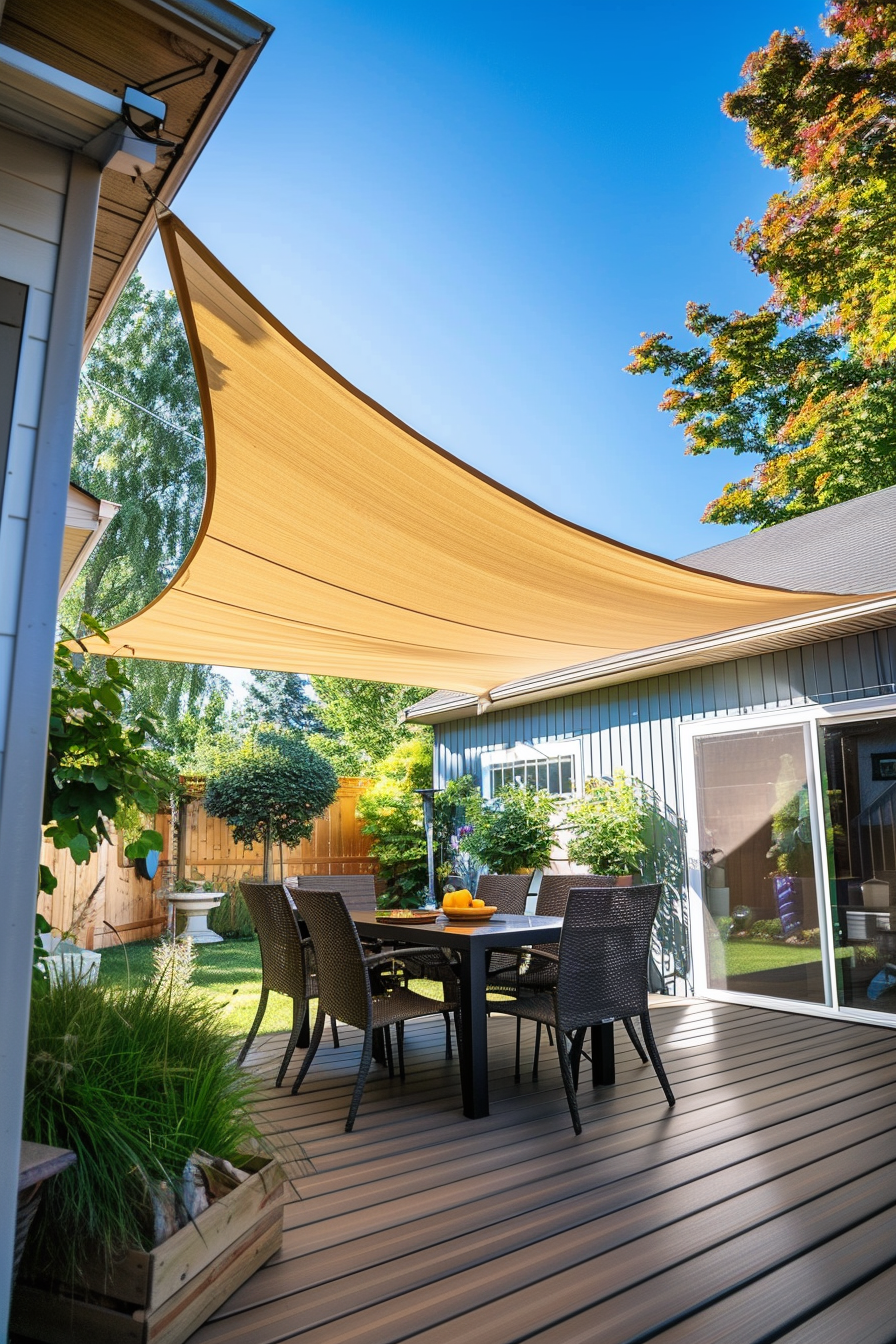 A cozy backyard patio with a shade sail, outdoor dining set, lush greenery, and wooden deck on a sunny day.