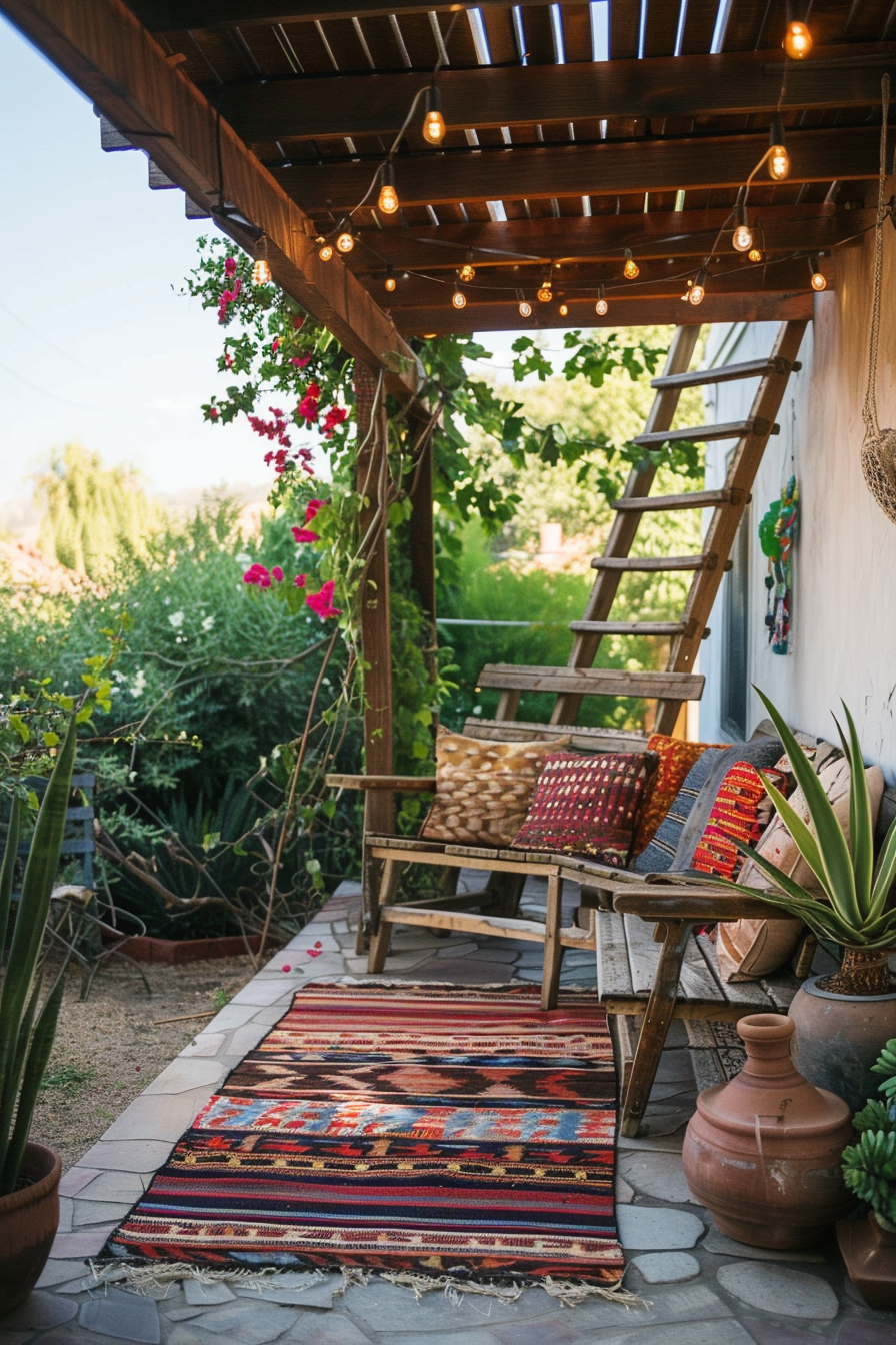 Cozy outdoor patio area with a wooden bench, colorful cushions, string lights, and a traditional rug under a pergola.