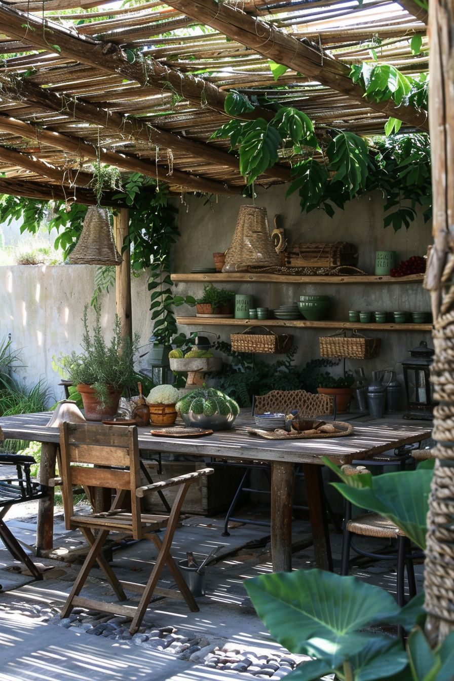 Rustic outdoor patio with wooden table and chairs, hanging basket lamps, and shelves with greenery and pottery.
