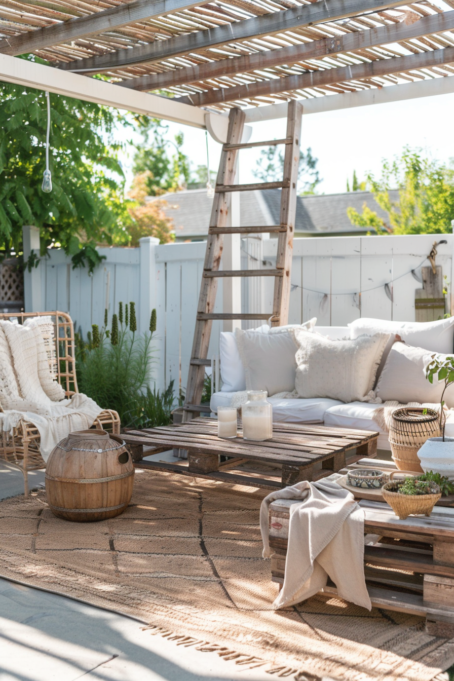 Cozy outdoor patio area with wooden furniture, throw pillows, a ladder to a pergola, and decorative lighting, set against a white fence.