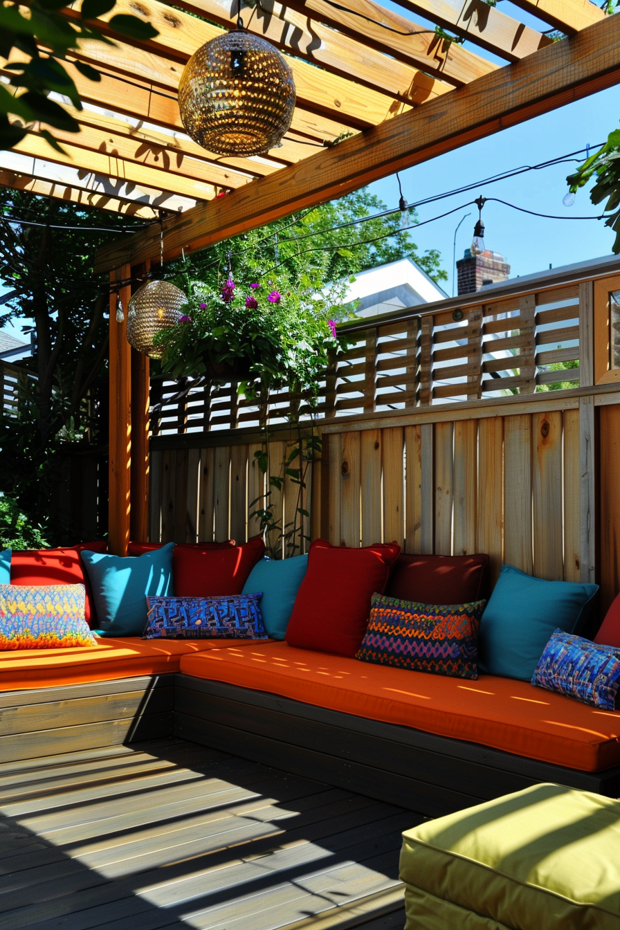 Outdoor wooden deck with colorful cushions on a built-in bench under a pergola with hanging lanterns and greenery.