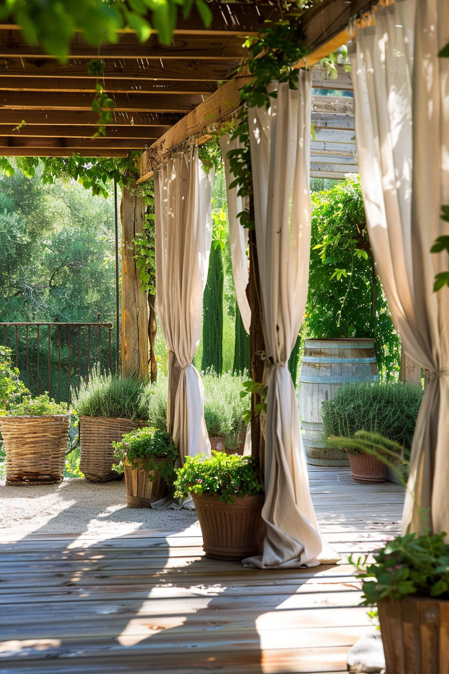 A serene garden patio with white curtains, lush greenery, potted plants, and a wooden deck, bathed in sunlight.