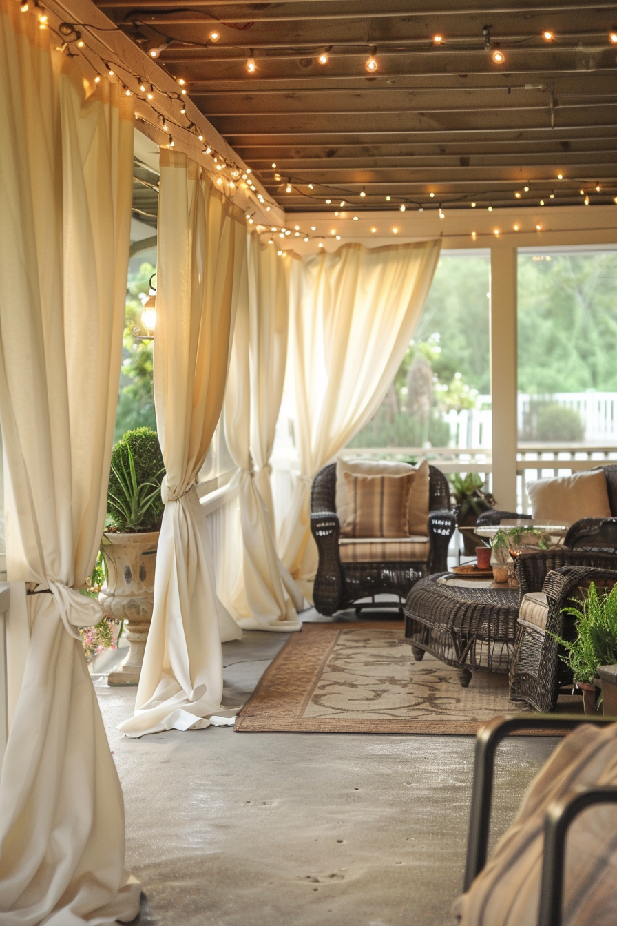 Cozy covered patio area with draped curtains, string lights, and wicker furniture on an area rug.