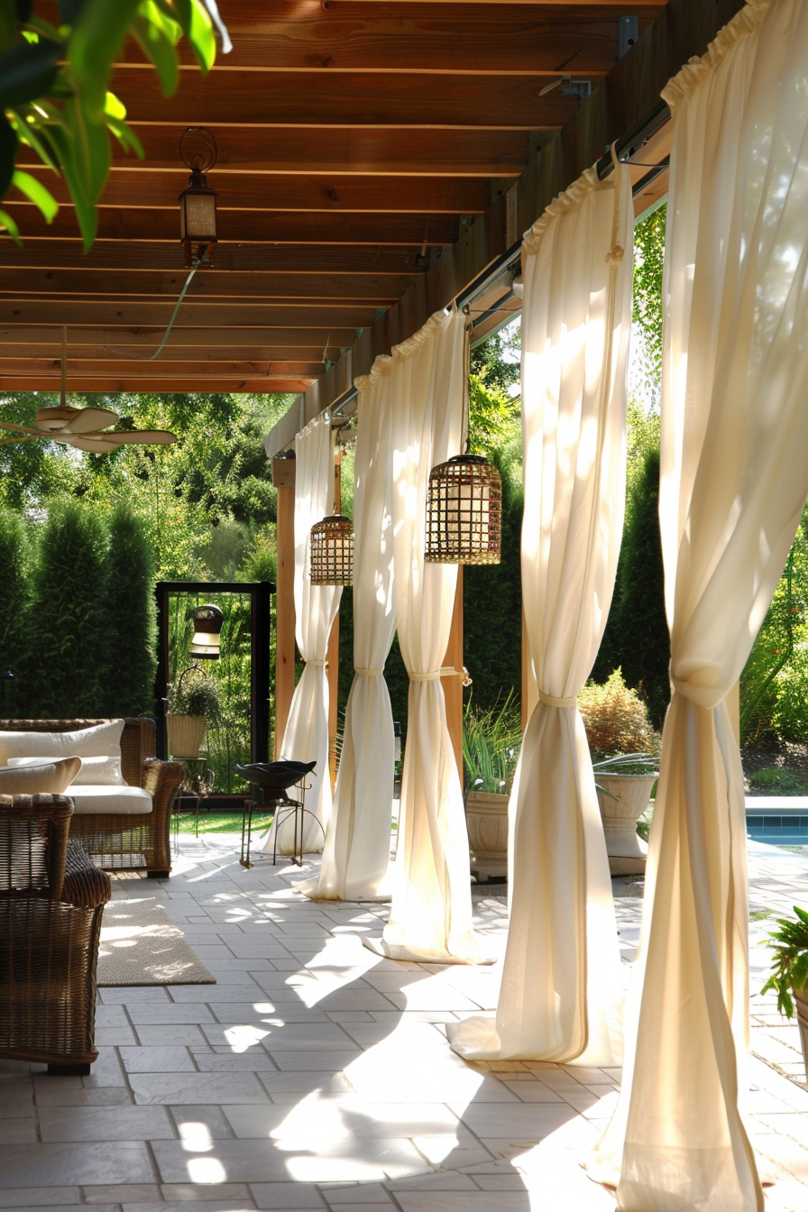 Elegant outdoor patio with white drapes, wicker furniture, hanging lanterns, and a glimpse of a pool in the background.