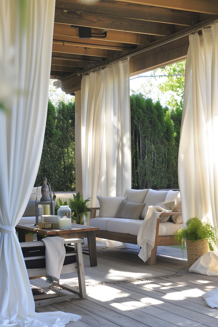 Outdoor patio with a sofa and wooden table, white curtains billowing, and lush greenery in the background.
