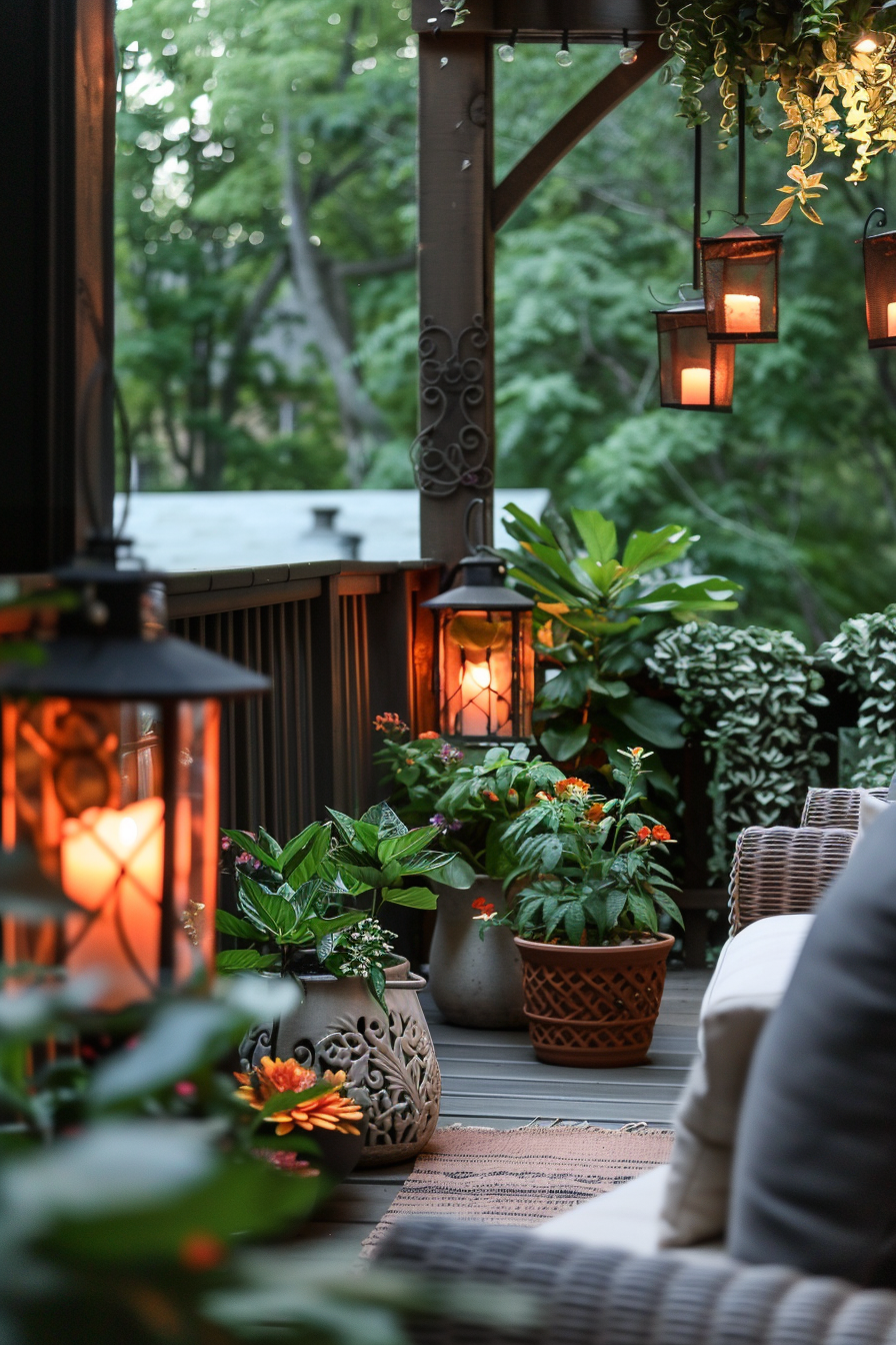 Cozy balcony with lit lanterns hanging above potted plants, near a cushioned seat, evoking a serene evening atmosphere.