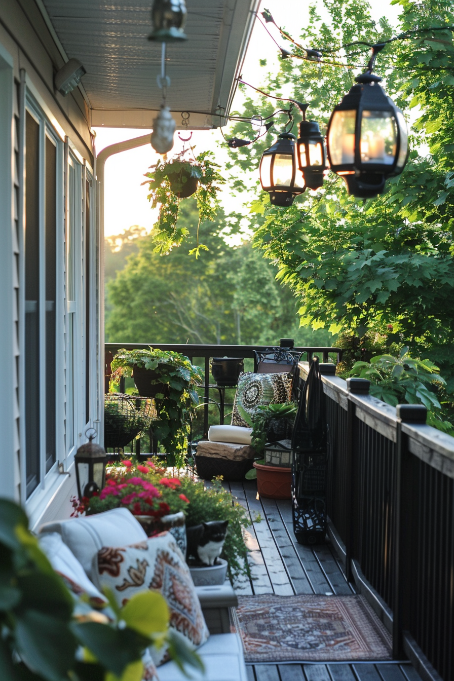 Cozy balcony during sunset with potted plants, string lights, and comfortable seating area with decorative cushions.