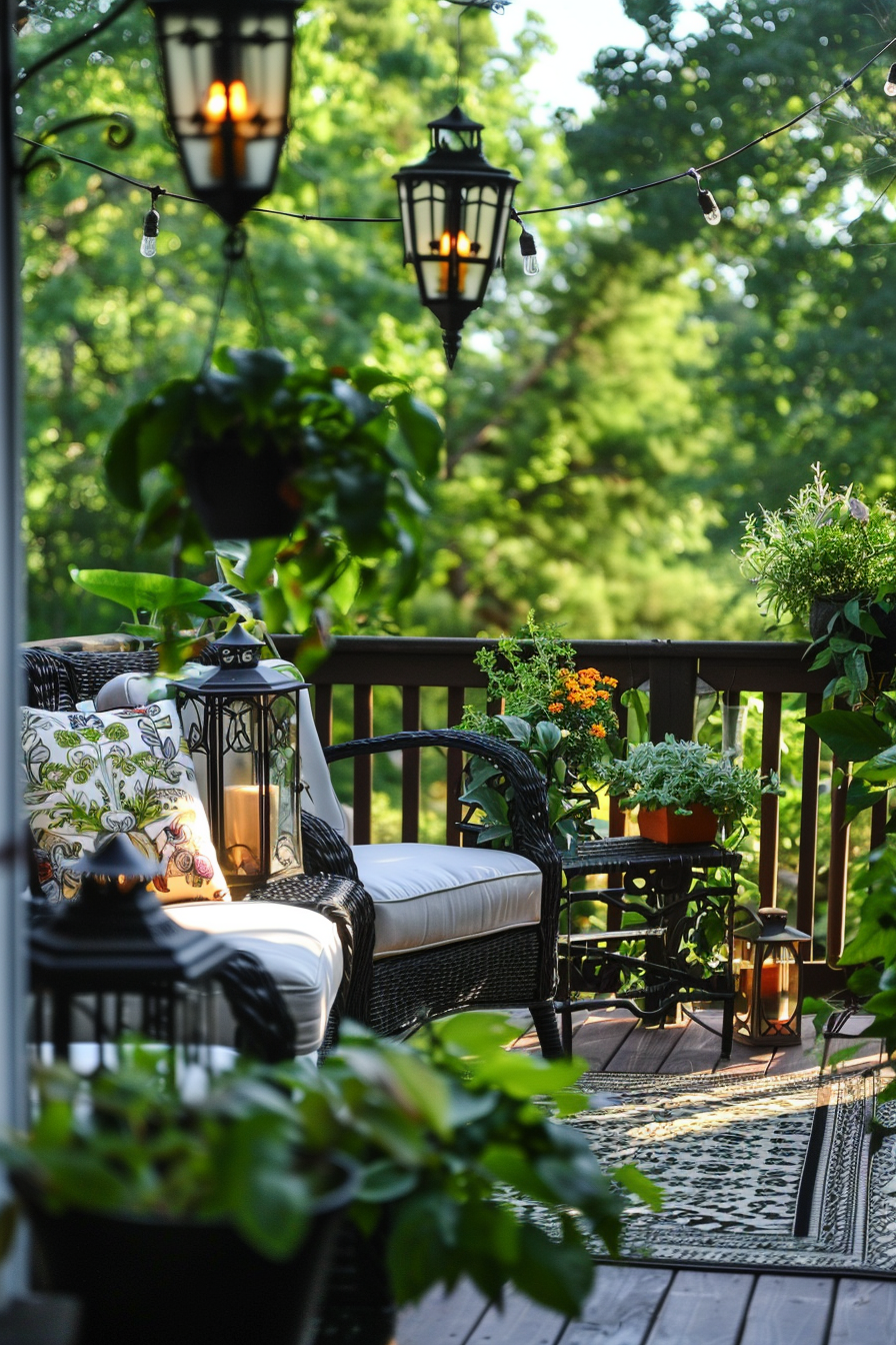 Cozy outdoor patio with string lights, wicker furniture, cushions, and potted plants, surrounded by lush greenery.