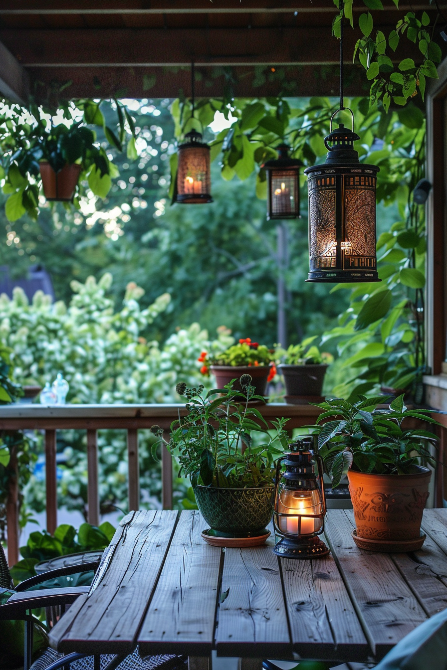 Cozy porch with hanging lanterns, potted plants on a wooden table, and lush greenery in the background.