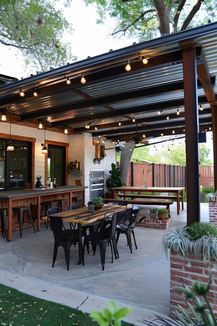 Cozy outdoor patio area with strings of lights, dining furniture, and an outdoor kitchen setup under a covered pergola.