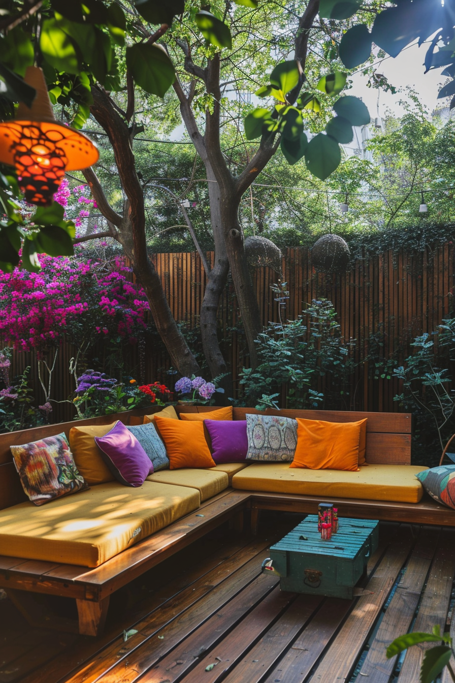 Cozy outdoor seating area with colorful cushions on a wooden bench, surrounded by lush plants and hanging lights in a garden setting.