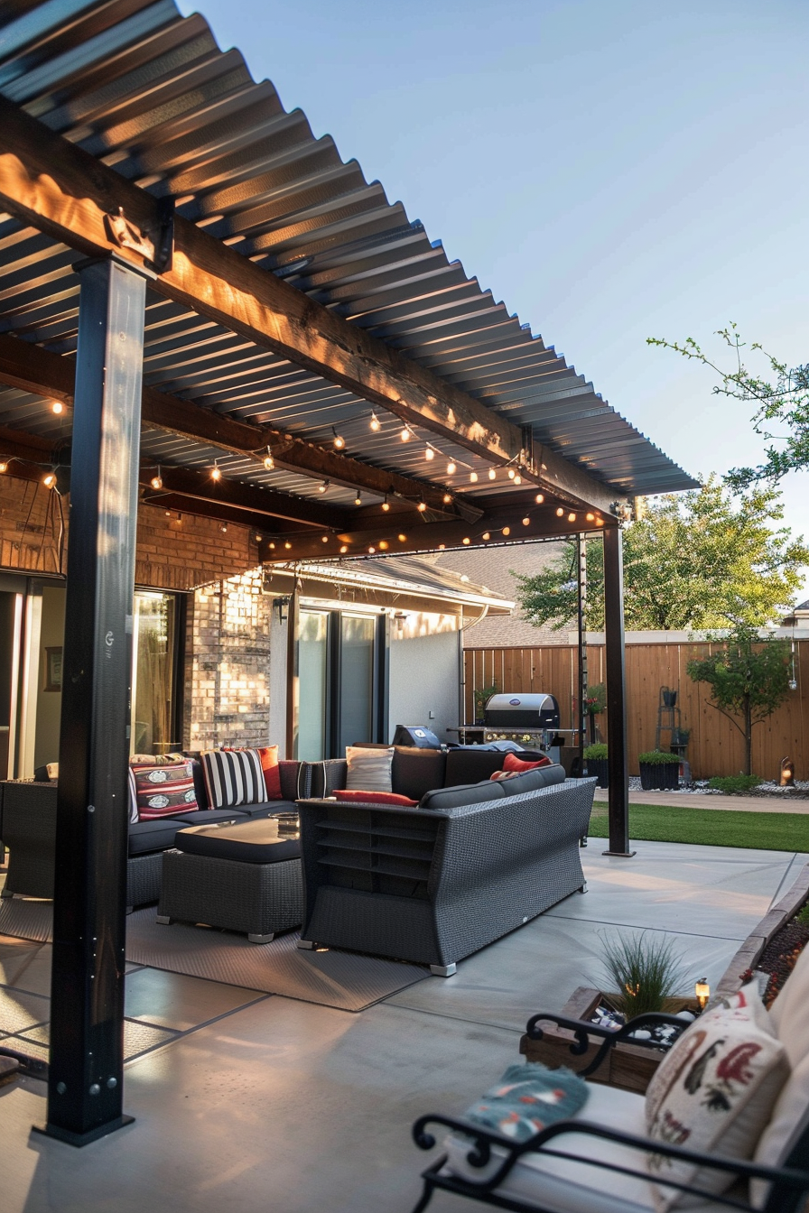 ALT Text: "Cozy outdoor patio area with modern wicker furniture, string lights, barbeque grill, under a metal pergola at dusk."